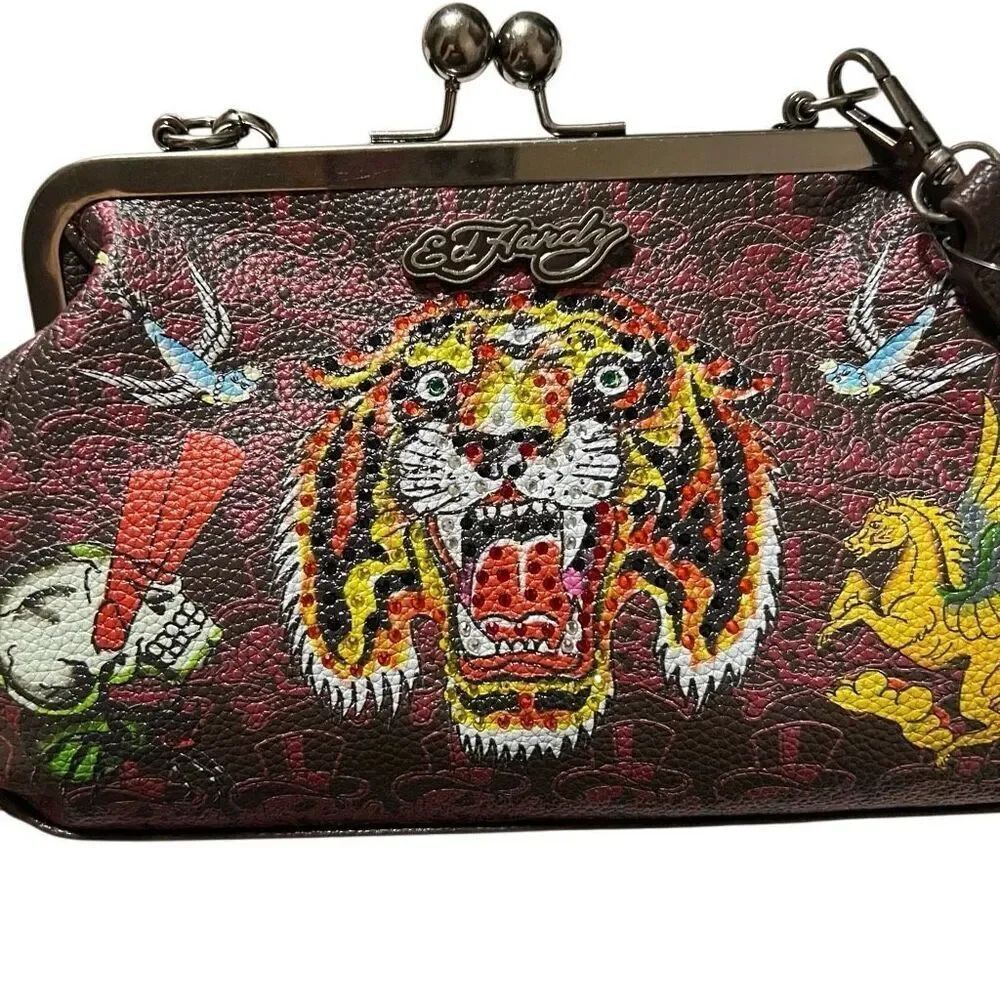 New Retro Y2K Ed Hardy Logo Bling Tiger Kiss lock Clutch removable chain strap